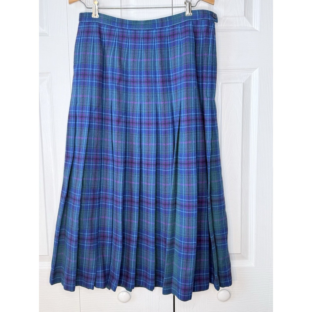 VTG Pendleton 100% Virgin Wool Pleated‎ Skirt Morgan Tartan Plaid Blue Size 14